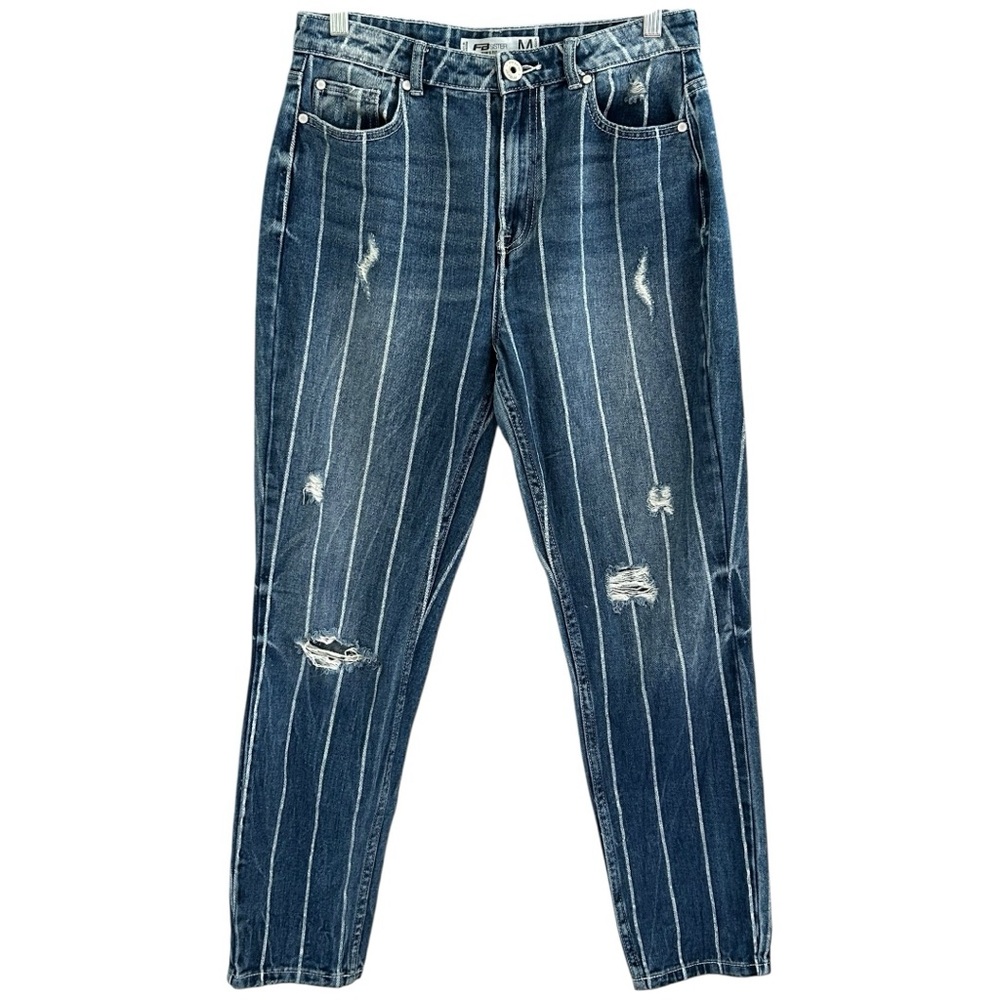 FB Sister Women’s Striped Distressed Mom Fit Blue Jeans ‎ Sz M(28)